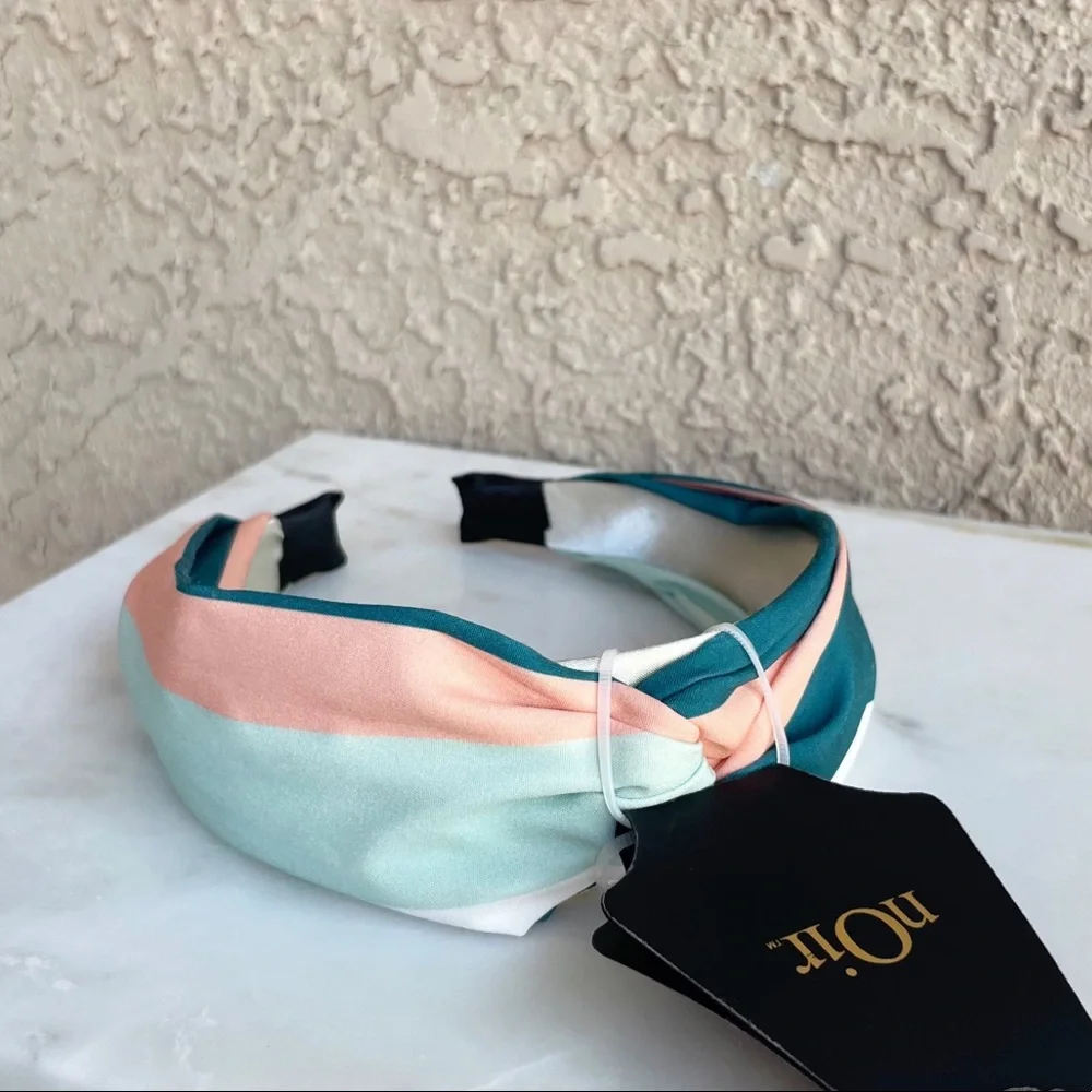 NOIR NWT Teal, Turquoise Green, Aqua & Peach Striped Satin Twist Knot Headband - Picture 4 of 6